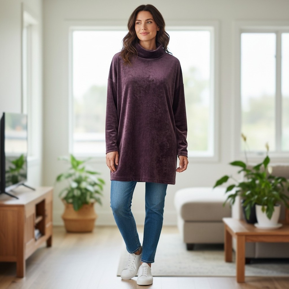 J.Jill Pure Jill Velour Funnel Neck Tunic Top Plum Purple Long Sleeve Medium